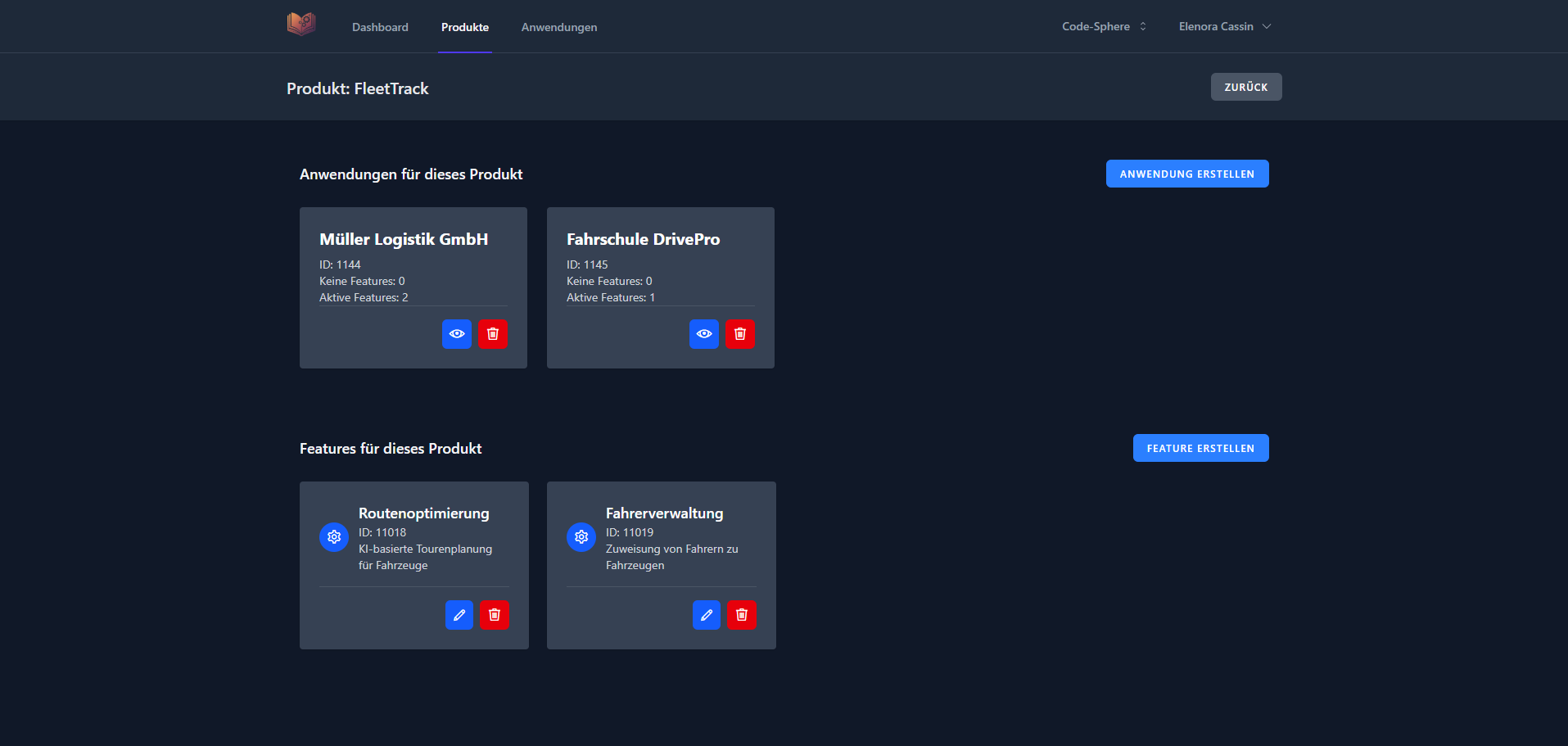 Settings dashboard